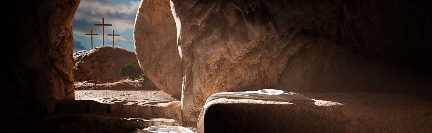 The empty tomb with three crosses beyond